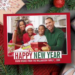Modern Happy New Year Family Foto Red Postkarte