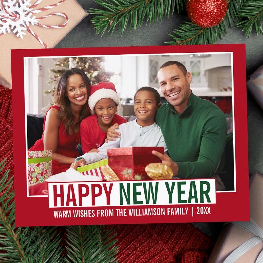 Modern Happy New Year Family Foto Red Postkarte