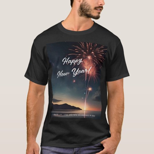 Modern Happy New Year Fireworks Script Typografie T-Shirt (Vorderseite)