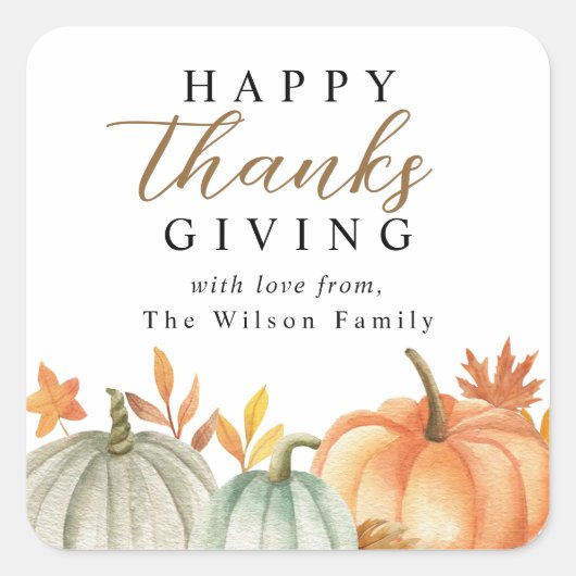 Modern Happy Thanksgiving Fall Foliage Quadratischer Aufkleber (Vorderseite)