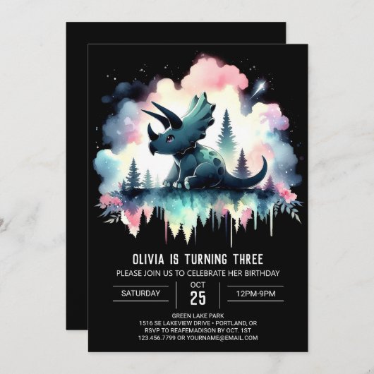 Modern Happy Triceratops Geburtstag Einladung (Vorne/Hinten)