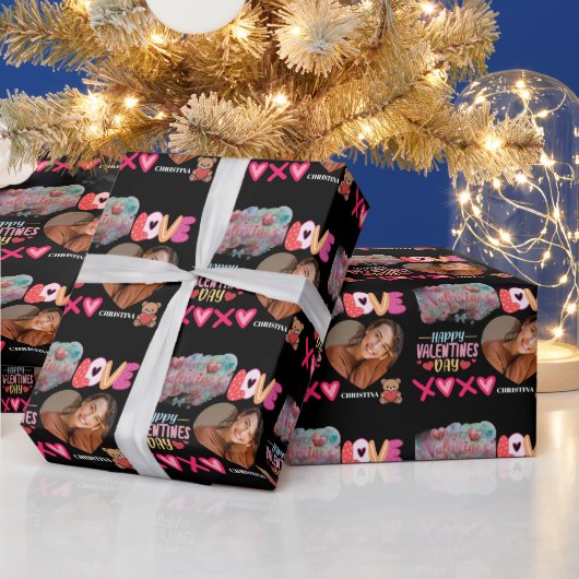 Modern Happy Valentines Day one heart Photo Name Geschenkpapier (Feiertage)