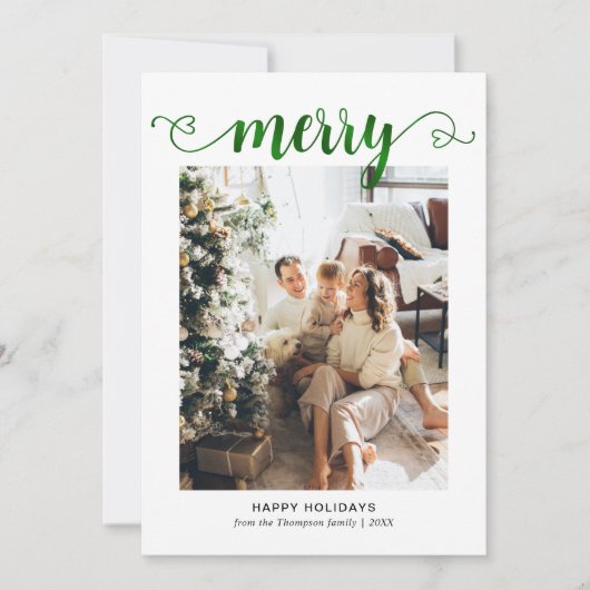 Modern Heart Green Merry Script Foto Weihnachten (Vorderseite)