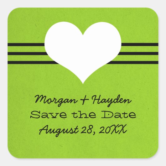 Modern Heart Save the Date Stickers, Green Quadratischer Aufkleber (Vorderseite)