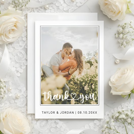 Modern Heart Script Custom Minimal Photo Wedding  Dankeskarte