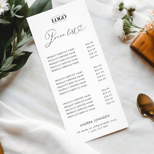 Modern Heart Script & Logo Minimalist Price List Werbekarte