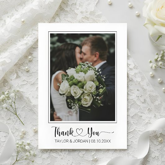 Modern Heart Script Photo Wedding Thank You Card Dankeskarte