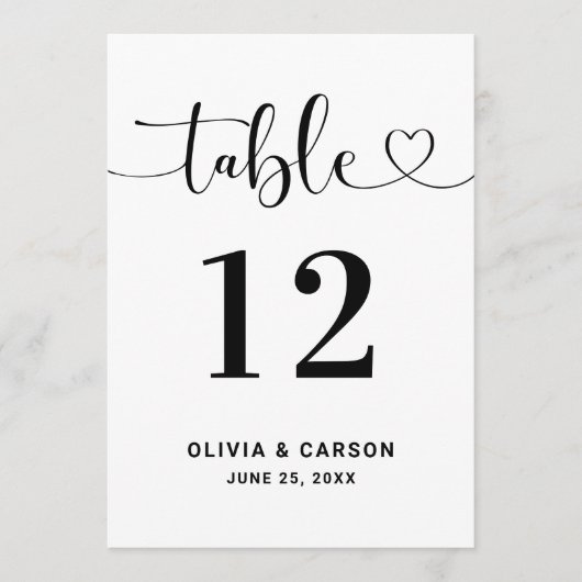 Modern Heart Script Wedding Table Number Einladung (Vorderseite)