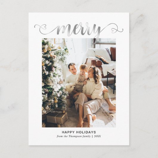 Modern Heart Silver Merry Script Foto Weihnachten (Vorderseite)