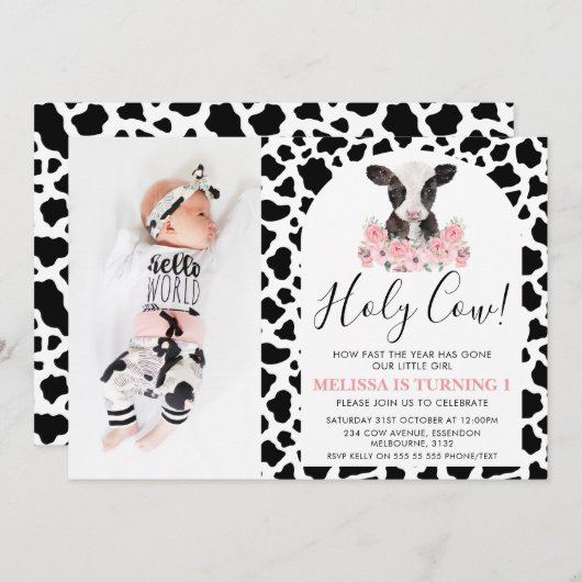 Modern Heilige Kuh Rosa Blütengeburt Einladung (Vorne/Hinten)