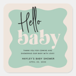 Modern Hello Baby Mint Green & Cream Baby Dusche Quadratischer Aufkleber
