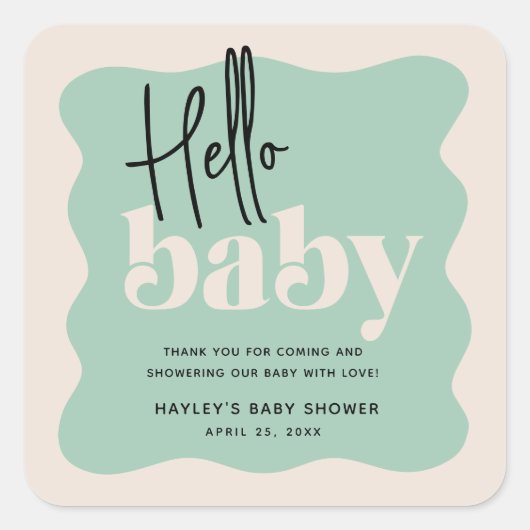Modern Hello Baby Mint Green & Cream Baby Dusche Quadratischer Aufkleber (Vorderseite)
