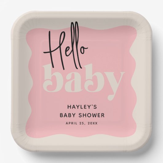 Modern Hello Baby Pink & Cream Baby Dusche Pappteller (Vorderseite)