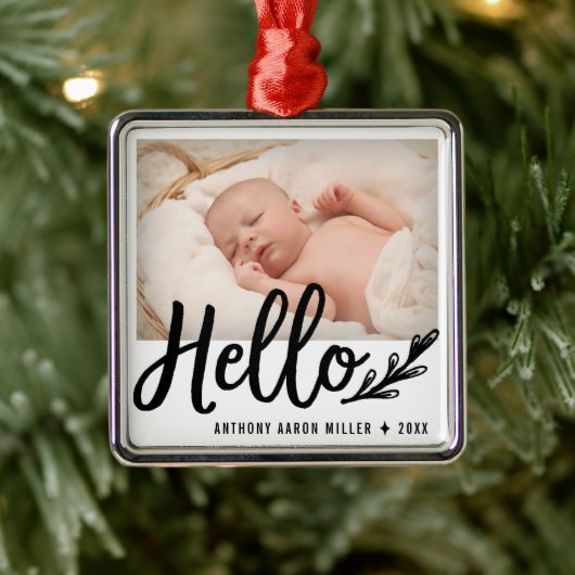 Modern Hello Birth Announcement Foto Ornament Aus Metall (Baum)