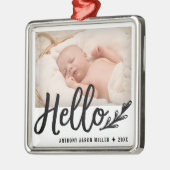 Modern Hello Birth Announcement Foto Ornament Aus Metall (Links)