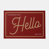 Modern Hello Burgundy Gold Script Family Name Fußmatte (Vorderseite)
