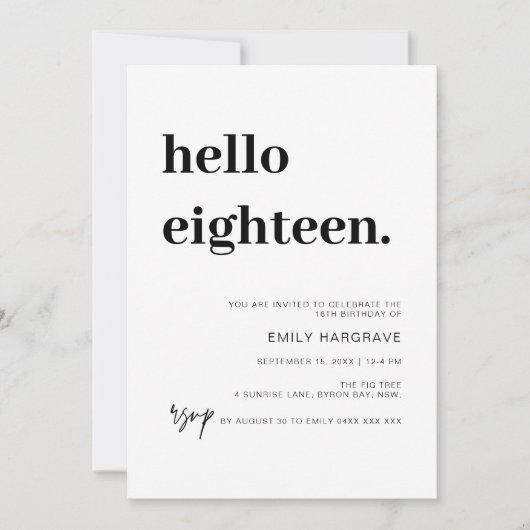 Modern Hello Eighteen Birthday Party Invitation Einladung