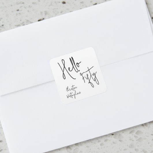 Modern Hello Fifty Script 50th Birthday Party Quadratischer Aufkleber