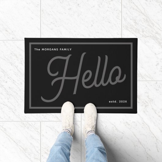 Modern Hello Grey White Script Family Name Fußmatte (Indoor)