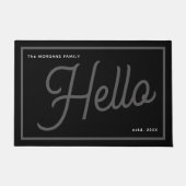 Modern Hello Grey White Script Family Name Fußmatte (Vorderseite)