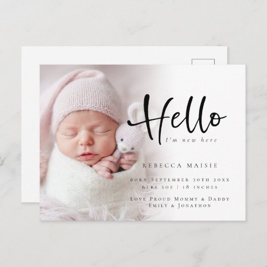 Modern Hello New Baby Foto Birth Announcement Pos Postkarte (Vorne/Hinten)