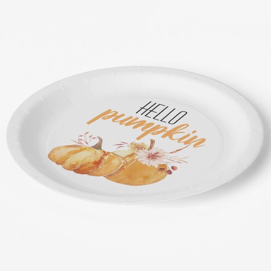 Modern Hello Pumpkin Orange Pumpkin mit Blume Pappteller (Schrägansicht)