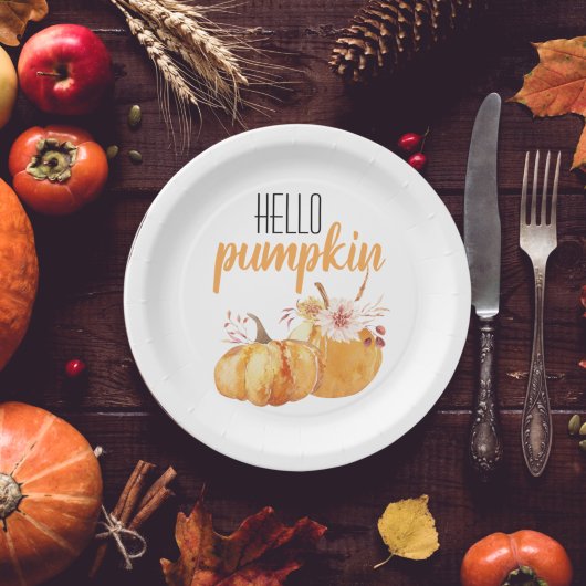 Modern Hello Pumpkin Orange Pumpkin mit Blume Pappteller
