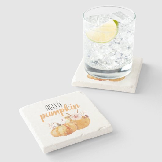 Modern Hello Pumpkin Orange Pumpkin mit Blume Steinuntersetzer (Seitenansicht)