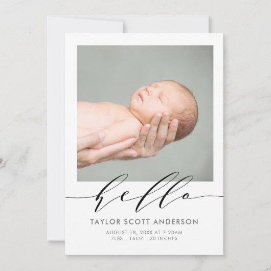 Modern Hello Script Foto Birth Announccard Einladung (Vorderseite)