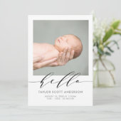 Modern Hello Script Foto Birth Announccard Einladung (Stehend Vorderseite)