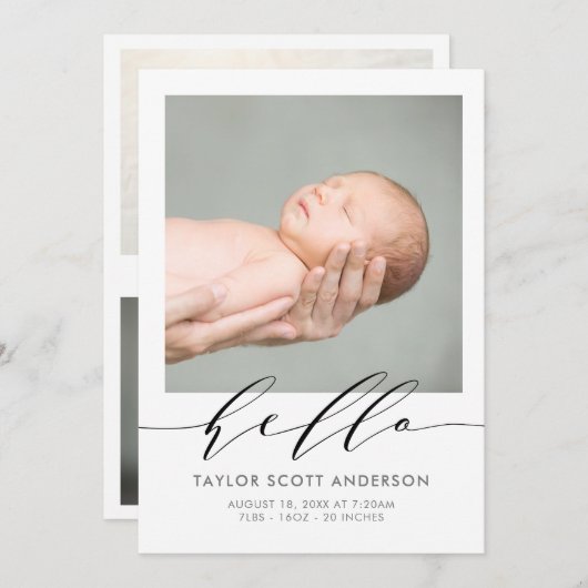 Modern Hello Script Foto Birth Announccard Einladung (Vorne/Hinten)