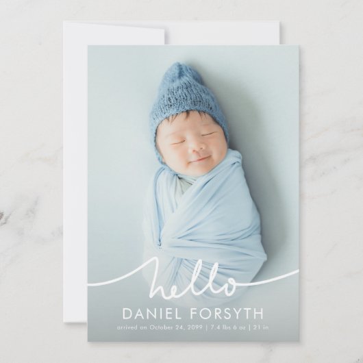 Modern Hello Script Newborn Baby Photo Birth Ankündigung (Vorderseite)