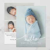 Modern Hello Script Newborn Baby Photo Birth Ankündigung (Vorne/Hinten)