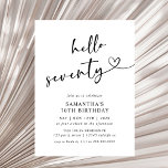 Modern Hello Seventy Black and White 70th Birthday Einladung<br><div class="desc">Celebrate seventy years in style with this modern black and white “Hello Seventy” birthday invitation. Featuring elegant typography and a clean minimalist layout,  it’s perfect for an upscale dinner,  cocktail party,  or milestone celebration. A classy and timeless choice for a 70th birthday event.</div>