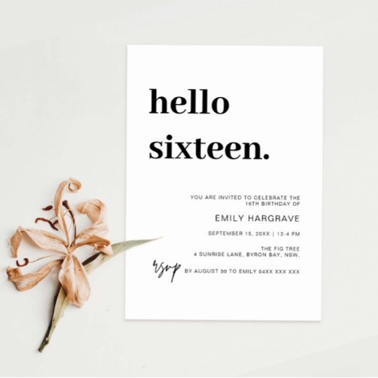 Modern Hello Sixteen Birthday Party Einladung