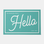 Modern Hello Teal White Script Family Name Fußmatte (Vorderseite)