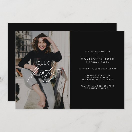 Modern Hello Thirty Birthday Party Foto Script Einladung (Vorne/Hinten)