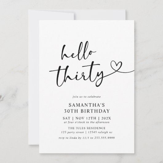 Modern Hello Thirty Black and White 30th Birthday Einladung (Vorderseite)