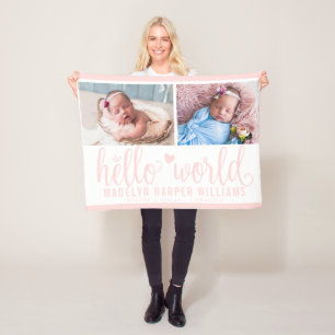 Modern Hello World Blush Pink Foto Collage Fleecedecke