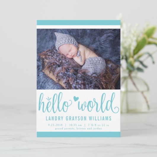 Modern Hello World Foto Aqua Birth Stat Ankündigung (Stehend Vorderseite)