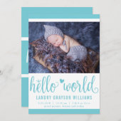 Modern Hello World Foto Aqua Birth Stat Ankündigung (Vorne/Hinten)