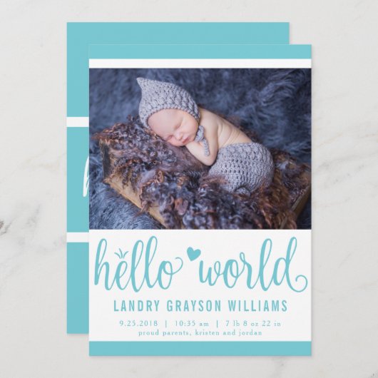 Modern Hello World Foto Aqua Birth Stat Ankündigung (Vorne/Hinten)