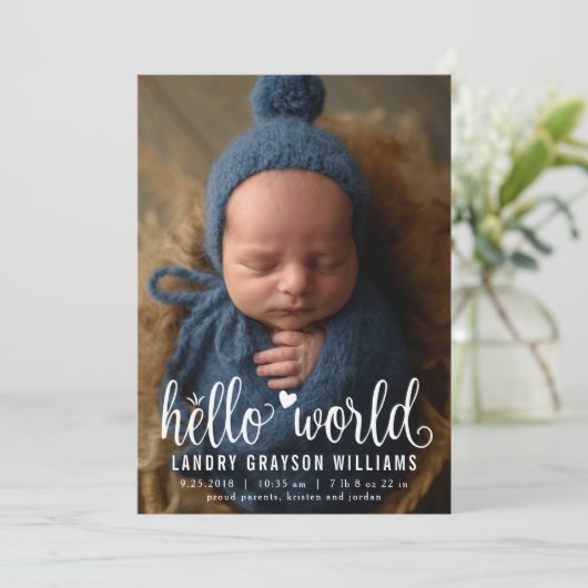 Modern Hello World Foto Birth Stat Ankündigung (Stehend Vorderseite)