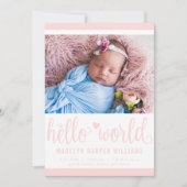 Modern Hello World Foto Blush Pink Birth Stat Ankündigung (Vorderseite)