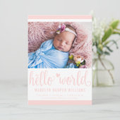 Modern Hello World Foto Blush Pink Birth Stat Ankündigung (Stehend Vorderseite)