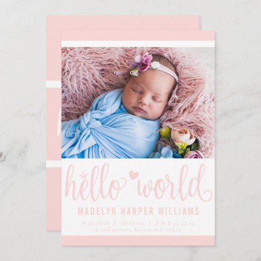 Modern Hello World Foto Blush Pink Birth Stat Ankündigung (Vorne/Hinten)
