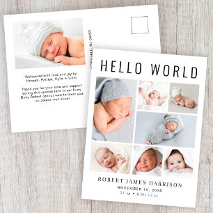 Modern Hello World Foto Collage Birth Ankündigungspostkarte