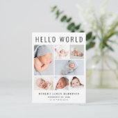 Modern Hello World Foto Collage Birth Ankündigungspostkarte (Stehend Vorderseite)
