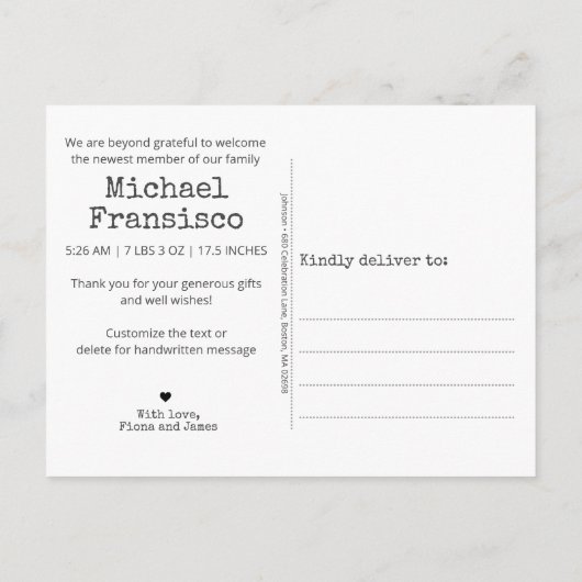 Modern Hello World Fotos Grid Collage Birth Ankündigungspostkarte (Rückseite)