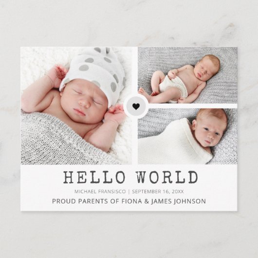 Modern Hello World Fotos Grid Collage Birth Ankündigungspostkarte (Vorderseite)